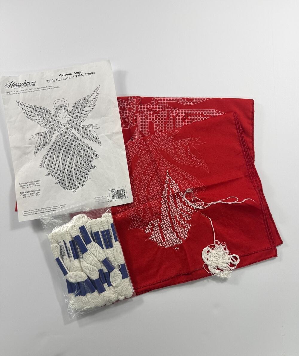Herrschners Welcome Angel Stamped Cross Stitch Table Runner Kit Red White WIP